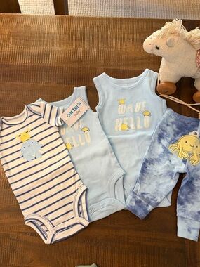 Carters Baby “Wave Hello” Summer Blue Crab Outfits 4 Pieces (0-3 & NEWBORN)